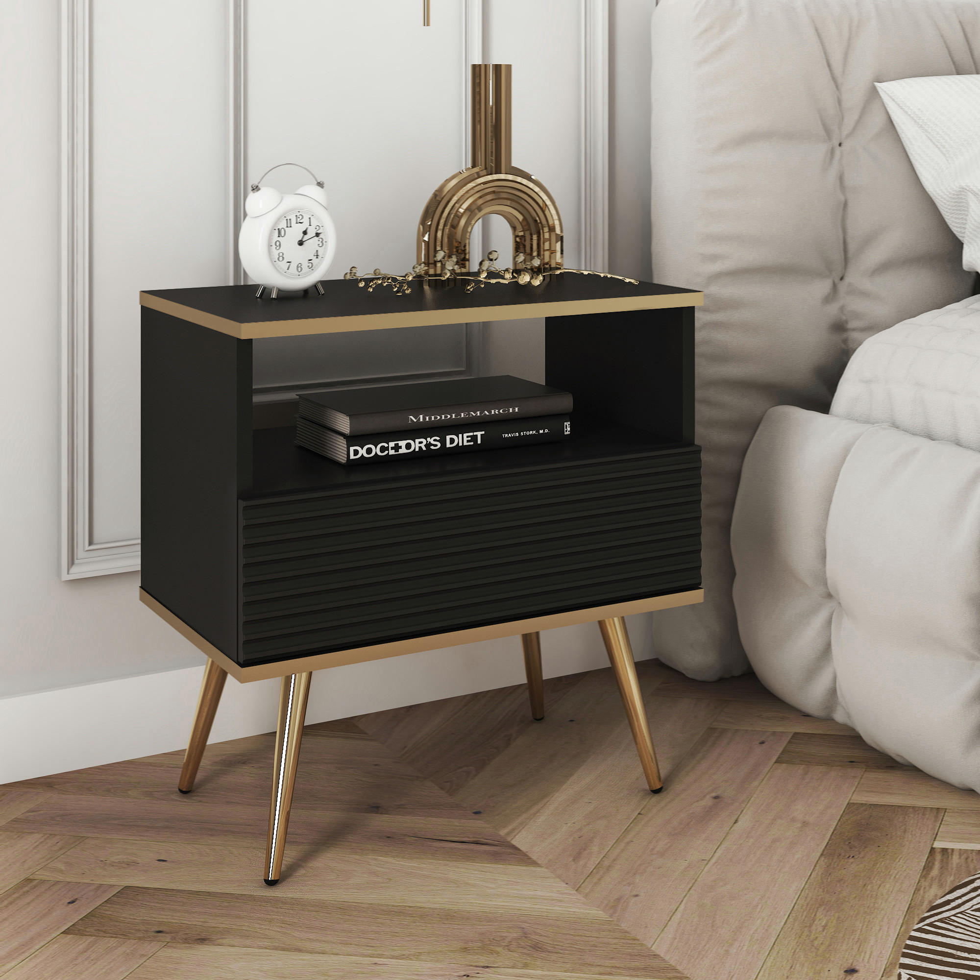 NACHTTISCH BANFF STO2-1S Goldene Metallbeine, geriffelte Fronten, Schwarz - Schwarz, Holzwerkstoff/Kunststoff (54/59/39cm) - Komodee