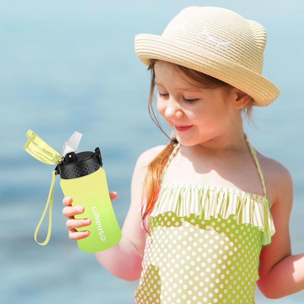 TRINKFLASCHE Kinder 350 ml mit Strohhalm und Zeitmarkierung, BPA-frei, Gelb-Grün - Multicolor, Kunststoff (6.5/6.5cm)