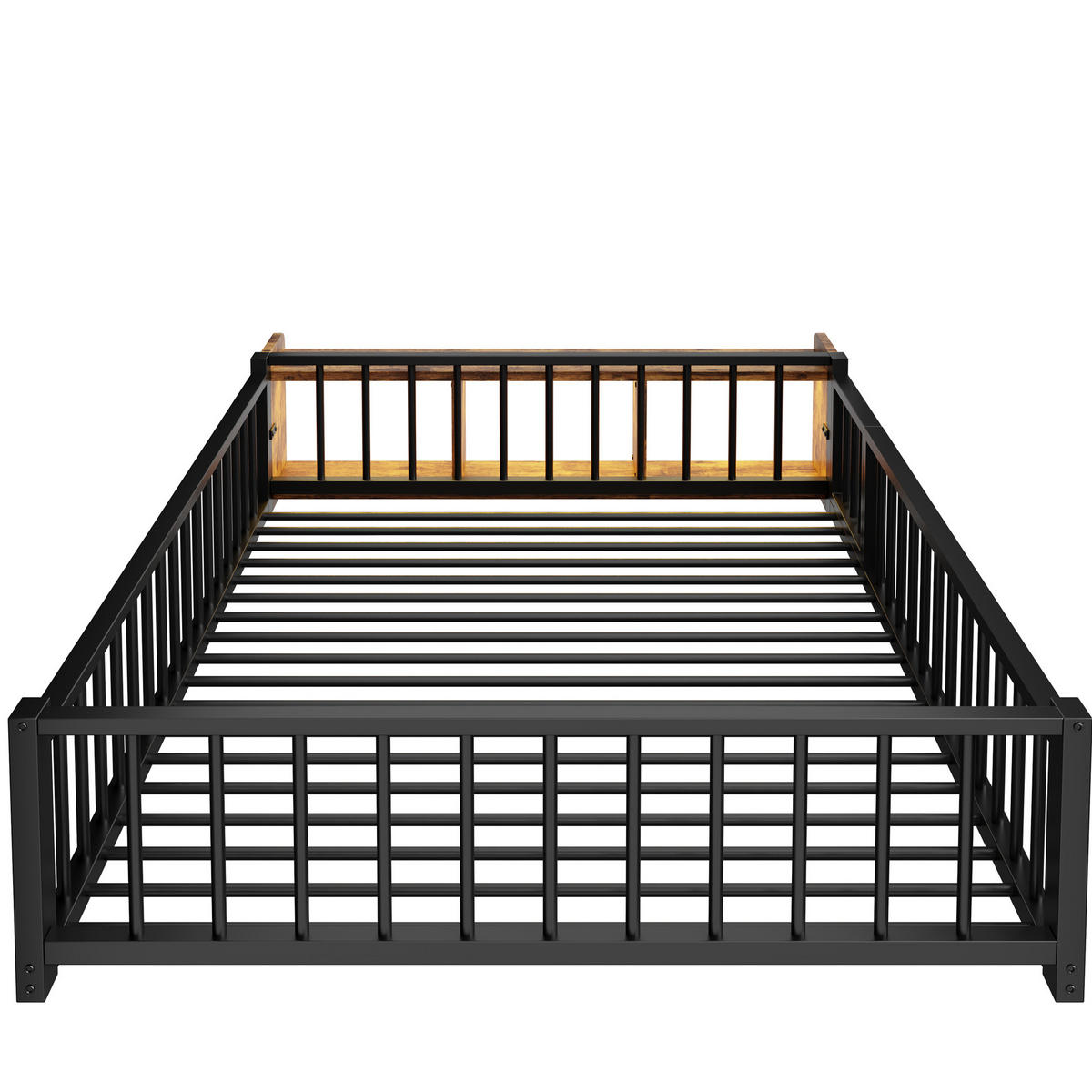 FLACHBETT 140/200 cm Schwarz mit Schutzgeländer, LED-Leisten, ohne Matratze - Schwarz, Metall (140/200cm) - MIVRAY