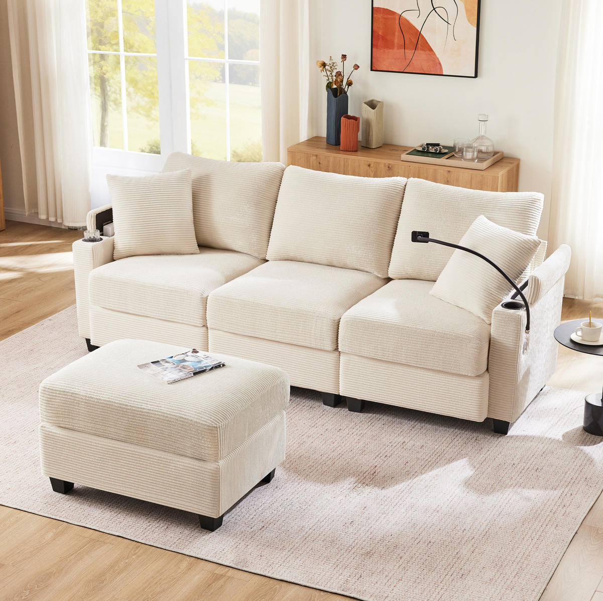 SOFA L-Form 3-Sitzer mit Hocker USB 213,5 x 139 cm Cord Beige - Beige, Textil (213.5/139cm) - IVMEU