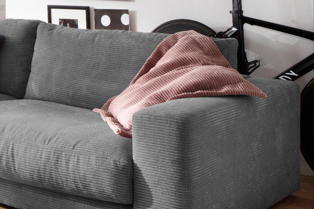 SOFA 3-SITZER MADELINE Grau Cord - Schwarz/Grau, Textil (290/85/127cm) - KAWOLA