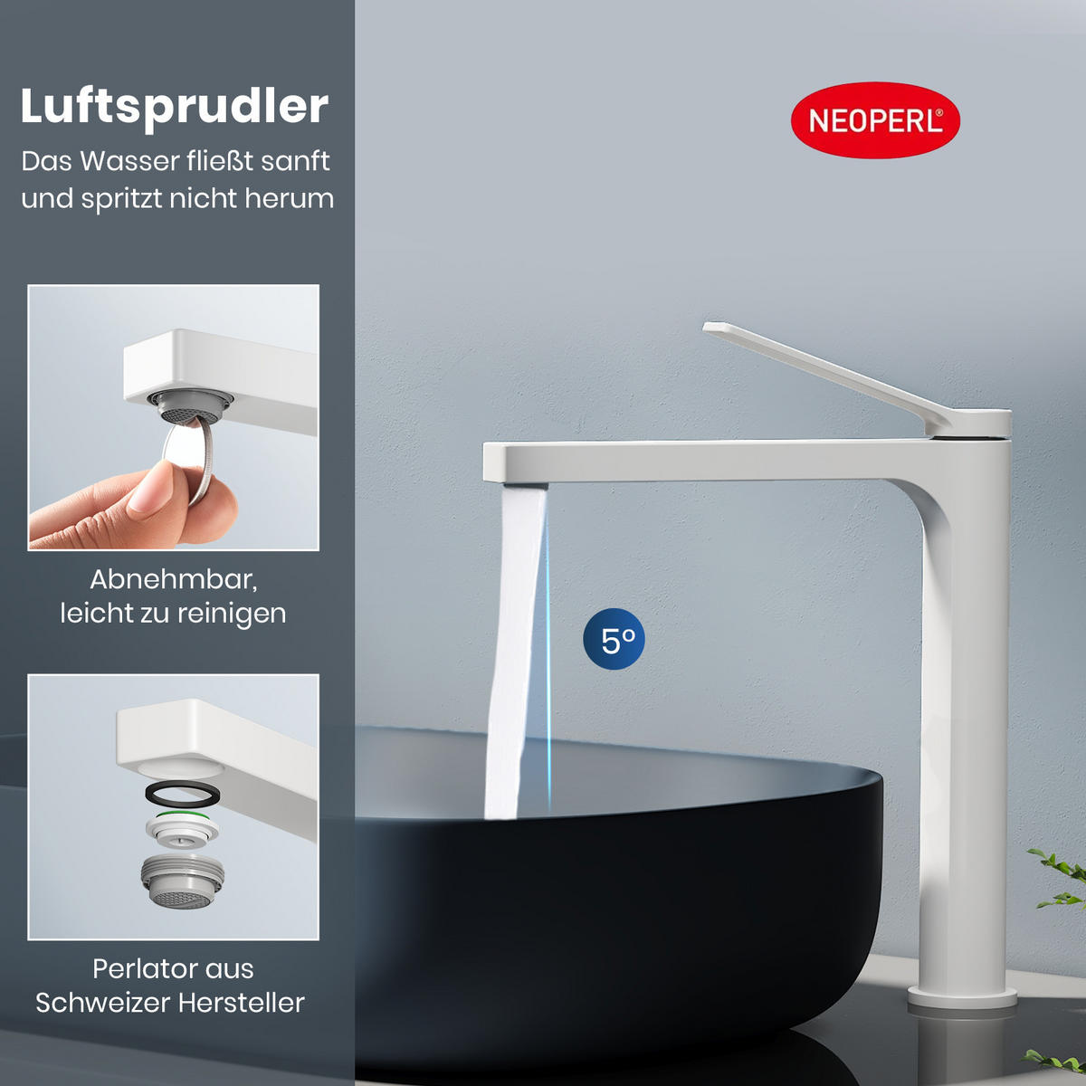 WASCHTISCHARMATUR mit Zertifiziertem Filterelement Weiß Matt Hoher Stil - Weiß, Metall (23.3/4.6/33.5cm) - EMKE