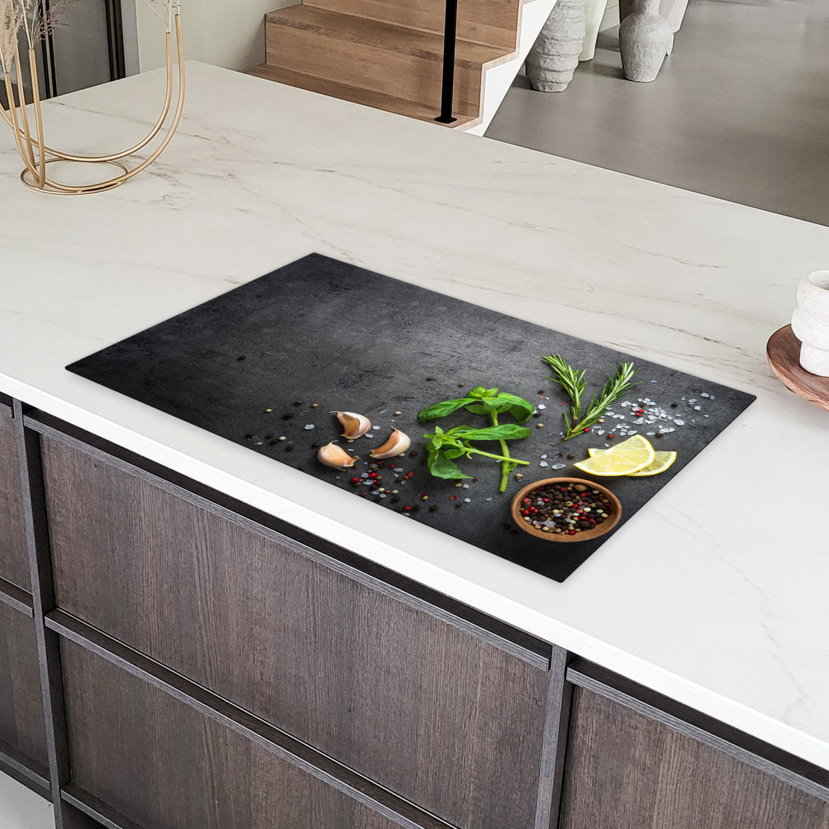 HERDABDECKPLATTE Limette - Kräuter - Gewürze - Grün - Grau - Beton 90x52 cm - Grün, Kunststoff (90/0.2/52cm) - MuchoWow