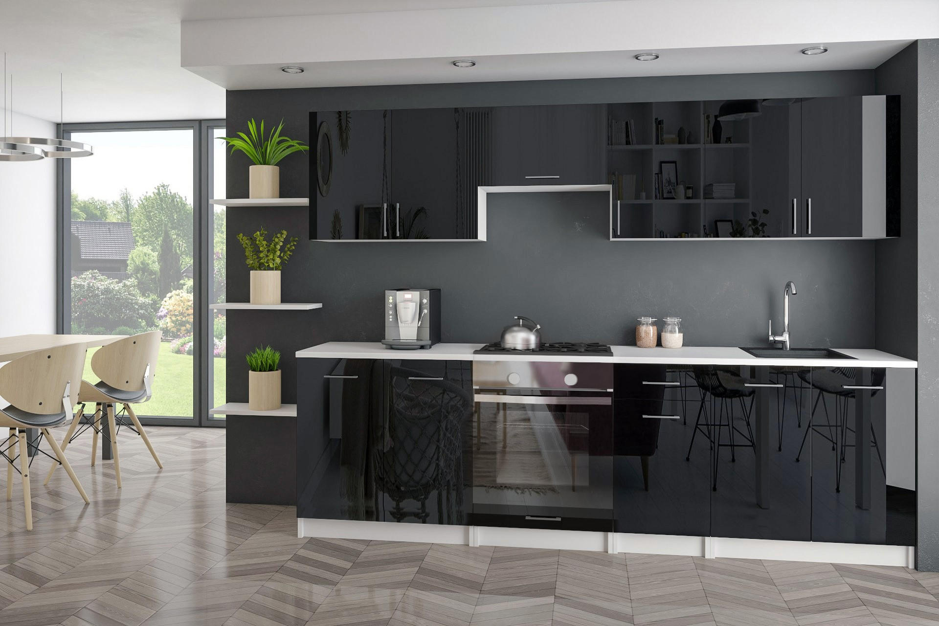 KÜCHENZEILE LECO 260 schwarz glanz - Schwarz Hochglanz, Holzwerkstoff (260/82/46cm) - roe furniture