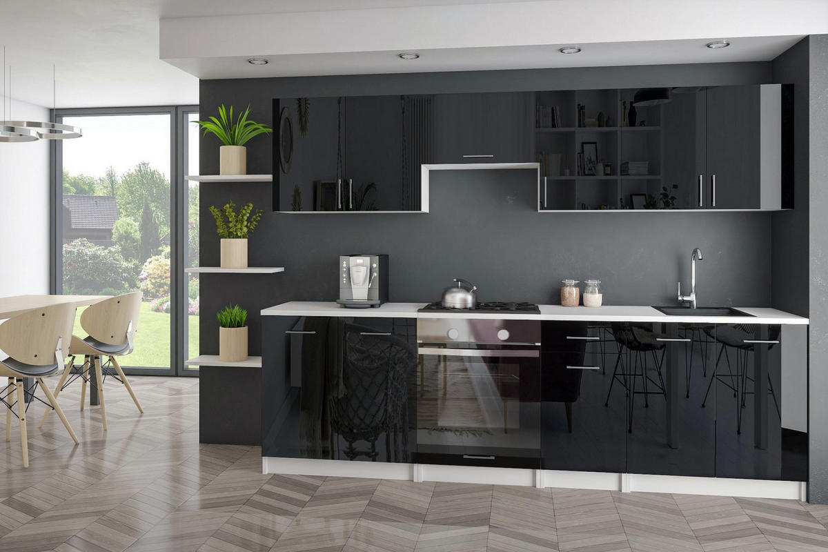 KÜCHENZEILE LECO 260 schwarz glanz - Schwarz Hochglanz, Holzwerkstoff (260/82/46cm) - roe furniture