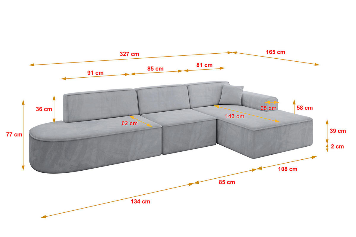 ECKSOFA Ottomane Rechts IREA-L2-v3 - 327x165x77 cm Grau - Titanfarben, Holzwerkstoff/Textil (327/165cm) - ALTDECOR