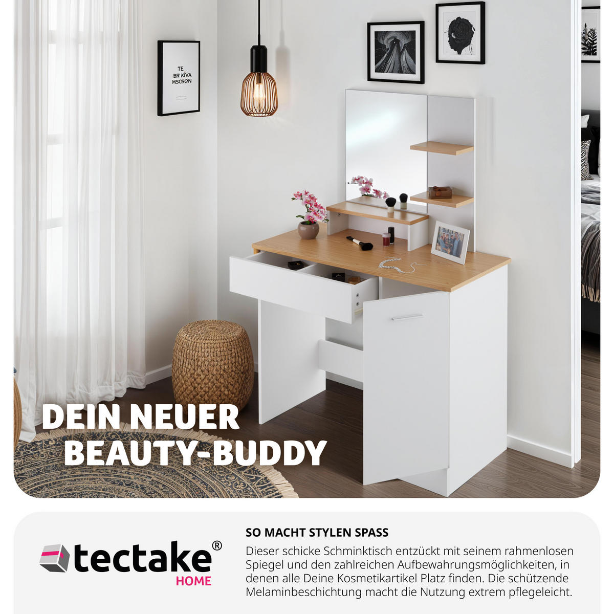 SCHMINKTISCH Zoe,90 x 40 x 137,5 cm,weiß/buche - Weiß/Honig, Holzwerkstoff (40/138.5/90cm) - tectake