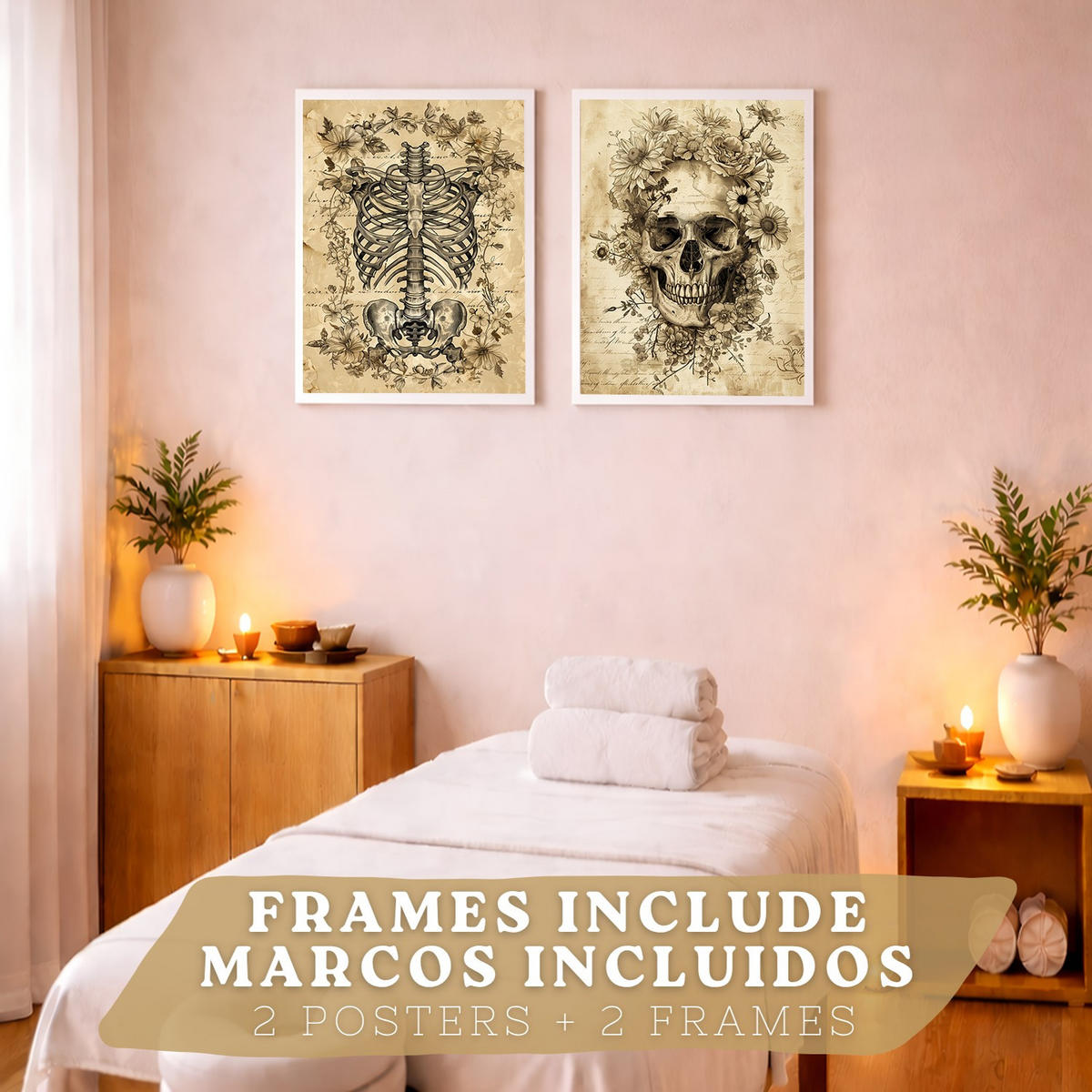 POSTER Set aus 2 Anatomie Mensch Drucke und Wandbilder mit Schädel Wirbelsäule Rippen Becken Klassisches Vintage Design Größe Weißer Rahmen A4 - Weiß, Papier (21/29.7/3cm) - Nacnic
