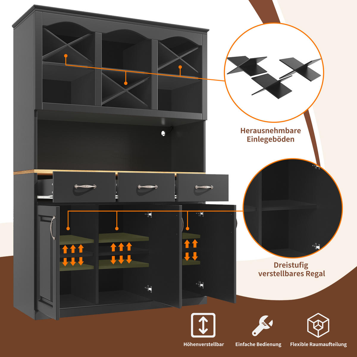 BUFFETSCHRANK Kombi Schwarz 120/40/180 cm - Schwarz, Holz (120/180/40cm) - PANGIVO