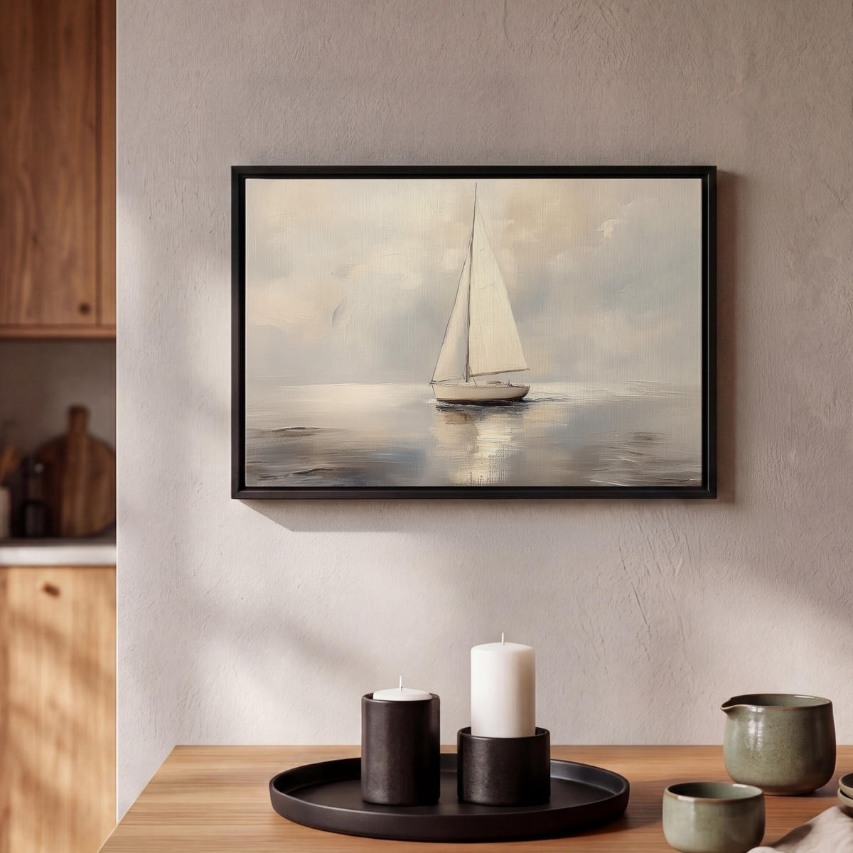 LEINWAND Bilder mit Rahmen - Segelschiff - Meer - Bewölkt - 30x20 - Creme, Textil (30/20cm) - MuchoWow