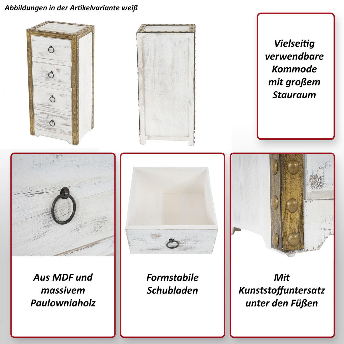KOMMODE 4 SCHUBLADEN SHABBY-LOOK Cremeweiß - Weiß, Holz (33/70/26cm) - MCW