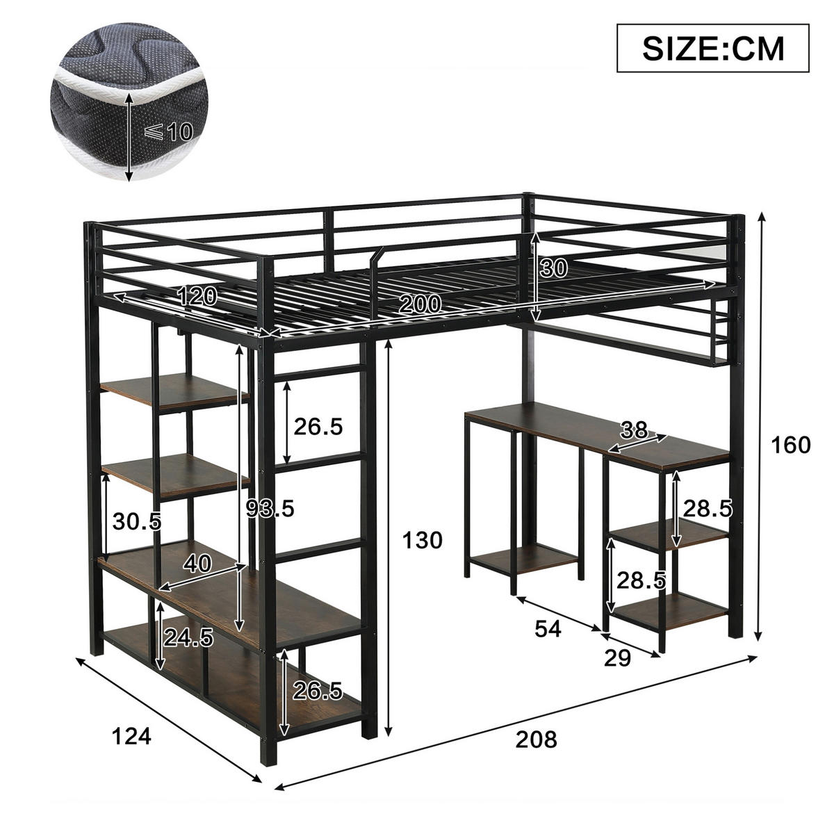 HOCHBETT mit Schreibtisch 120/200 cm in Schwarz/Dunkelwalnuss – mit Ablage und Leiter - Schwarz, Metall (120/200cm) - BEAOK