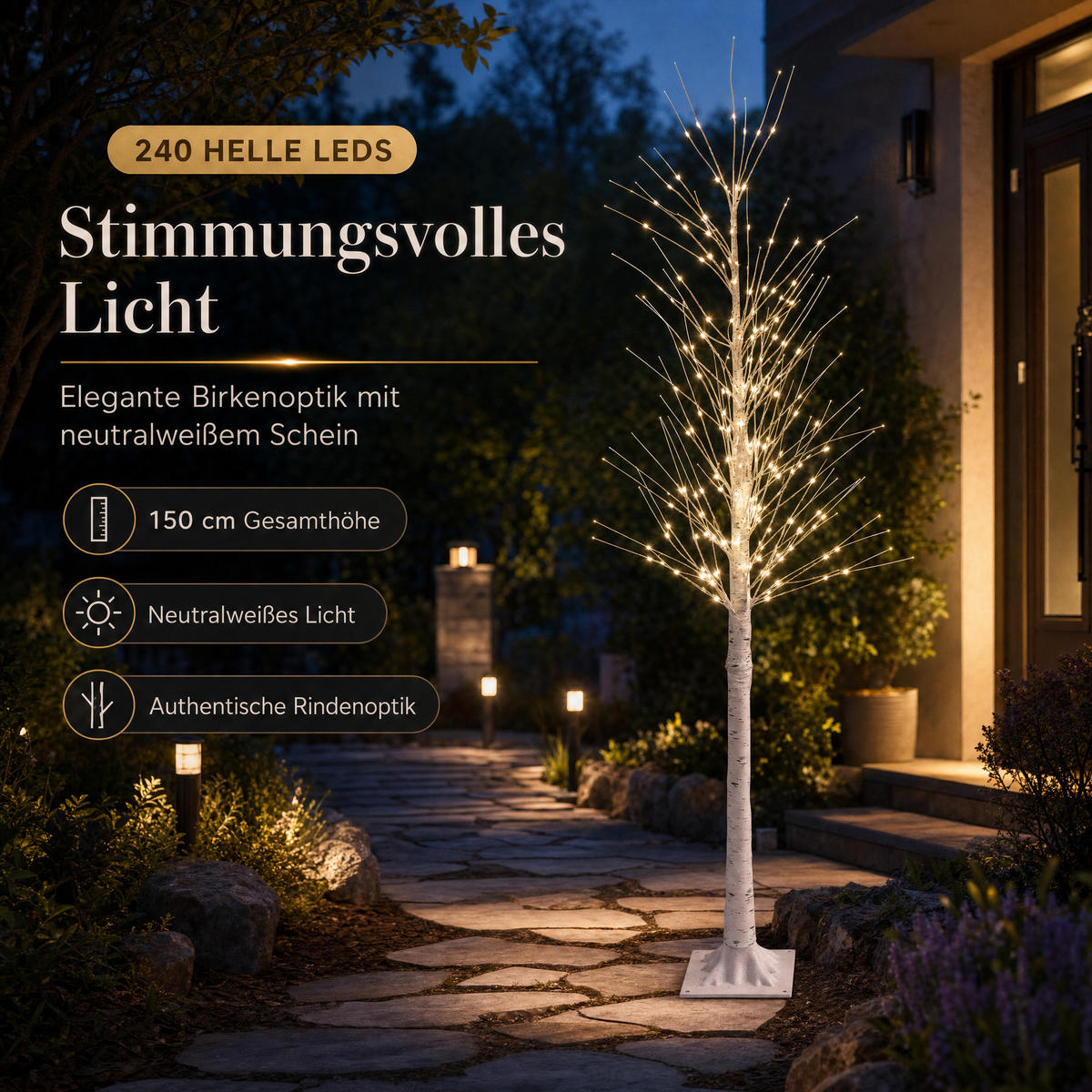 LED-LICHTBAUM in Birkenoptik 150 cm, 240 neutralweiße LEDs, Timer, IP44 für innen & außen - Weiß, Kunststoff (21.8/21.8/150cm) - Northpoint
