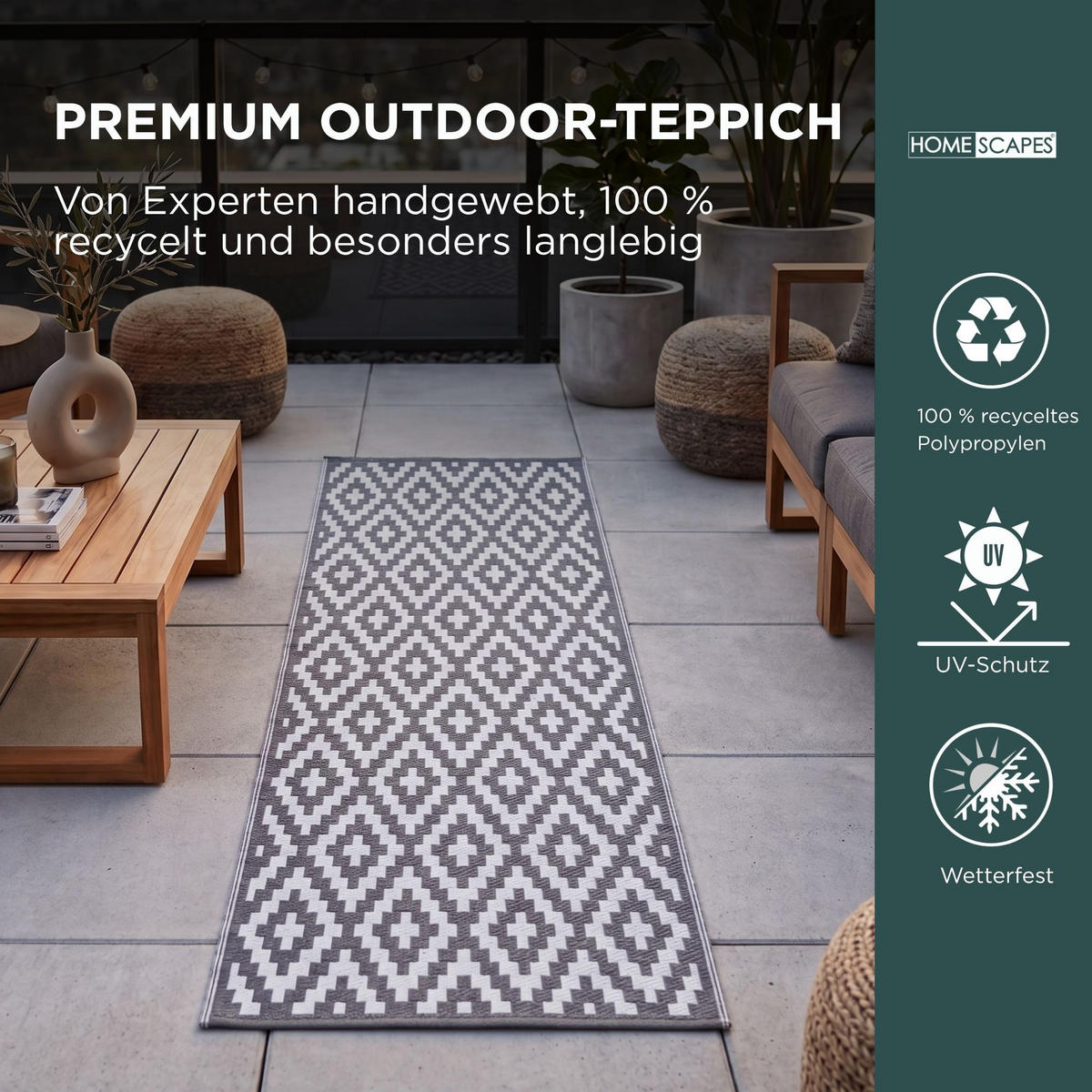 OUTDOORTEPPICH-LÄUFER Zoe, geometrisch gemustert 75/200 cm - Hellgrau, Kunststoff (75/200cm) - Homescapes