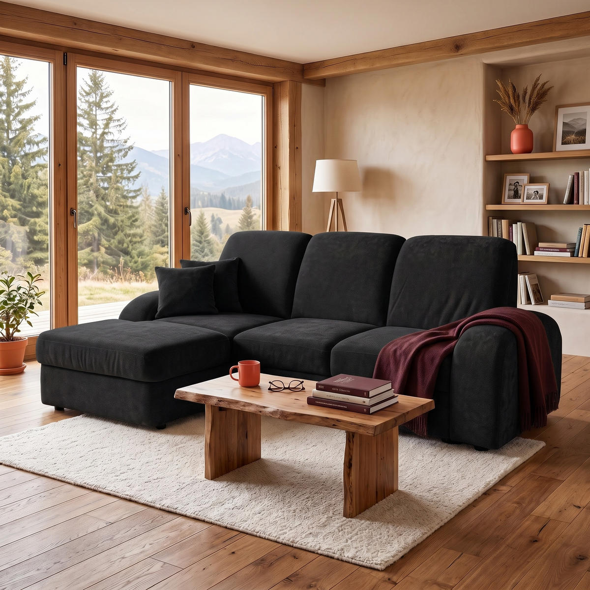 ECKSOFA VIBE S Links mit Schlaffunktion 130x202 Chenille Anthrazit - Anthrazit/Schwarz, Holz/Kunststoff (250/160cm) - Muffo