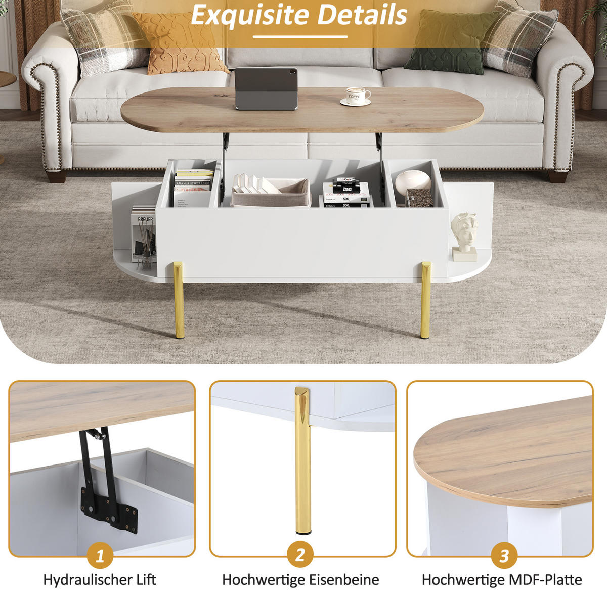 COUCHTISCH aus MDF 120x50x43 cm in Weiß mit höhenverstellbarer Platte - Weiß, Holzwerkstoff (120/50/43cm) - Modfu