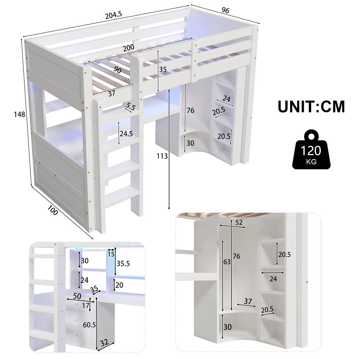 HOCHBETT 90/200 cm in Weiß – mit Schreibtisch, Kleiderschrank und LED - Weiß, Holzwerkstoff (90/200cm) - BEAOK