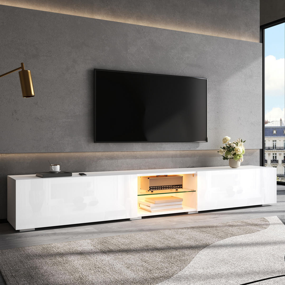 TV-SCHRANK 200/30/30 cm Weiß mit LED-Beleuchtung und 2 Türen - Weiß, Holzwerkstoff (200/30/30cm) - Oxeza