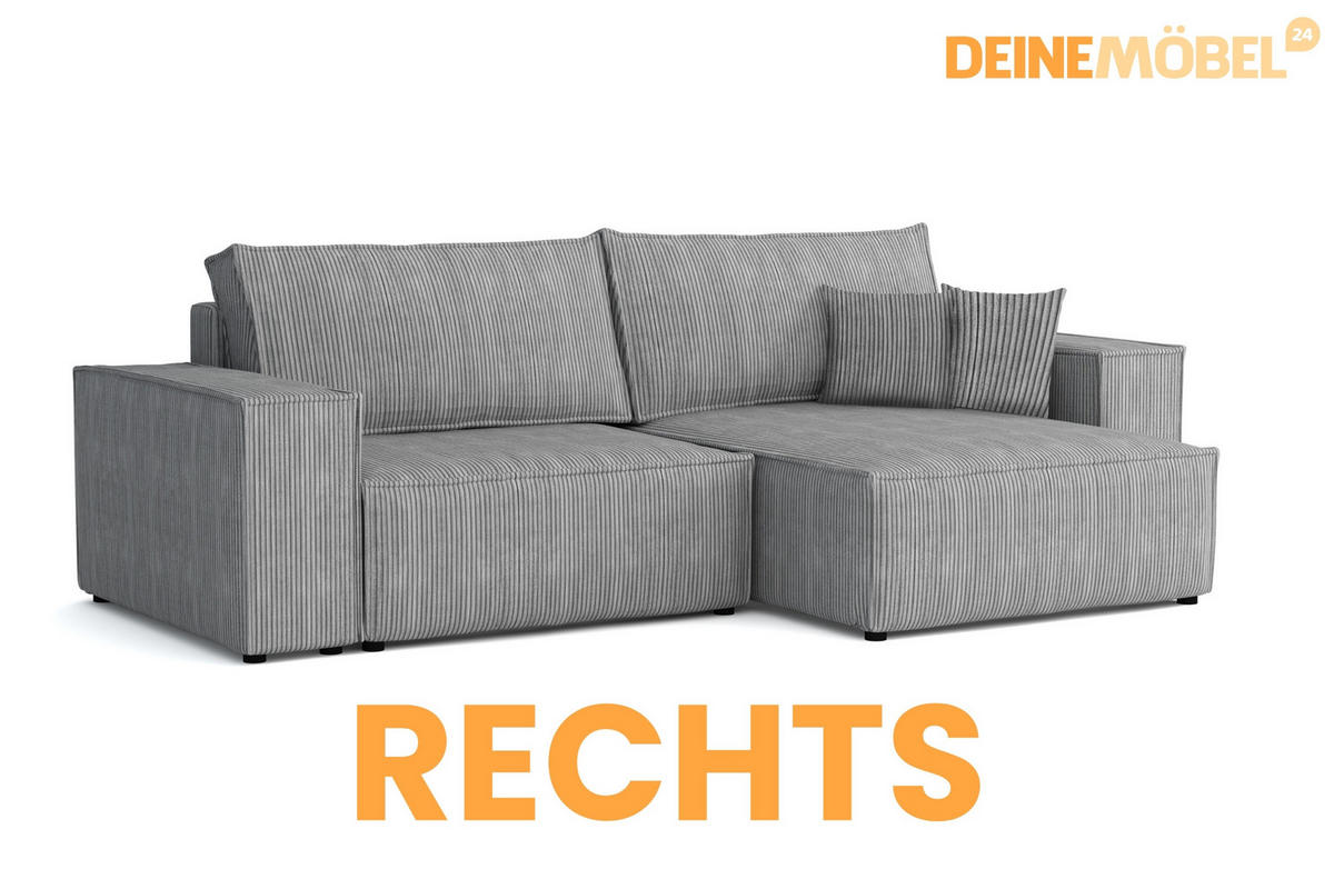 ECKSOFA MATT 255/153 cm rechts in Cord Hellgrau - Hellgrau/Schwarz, Holz/Holzwerkstoff (255/153cm) - Deine Möbel 24