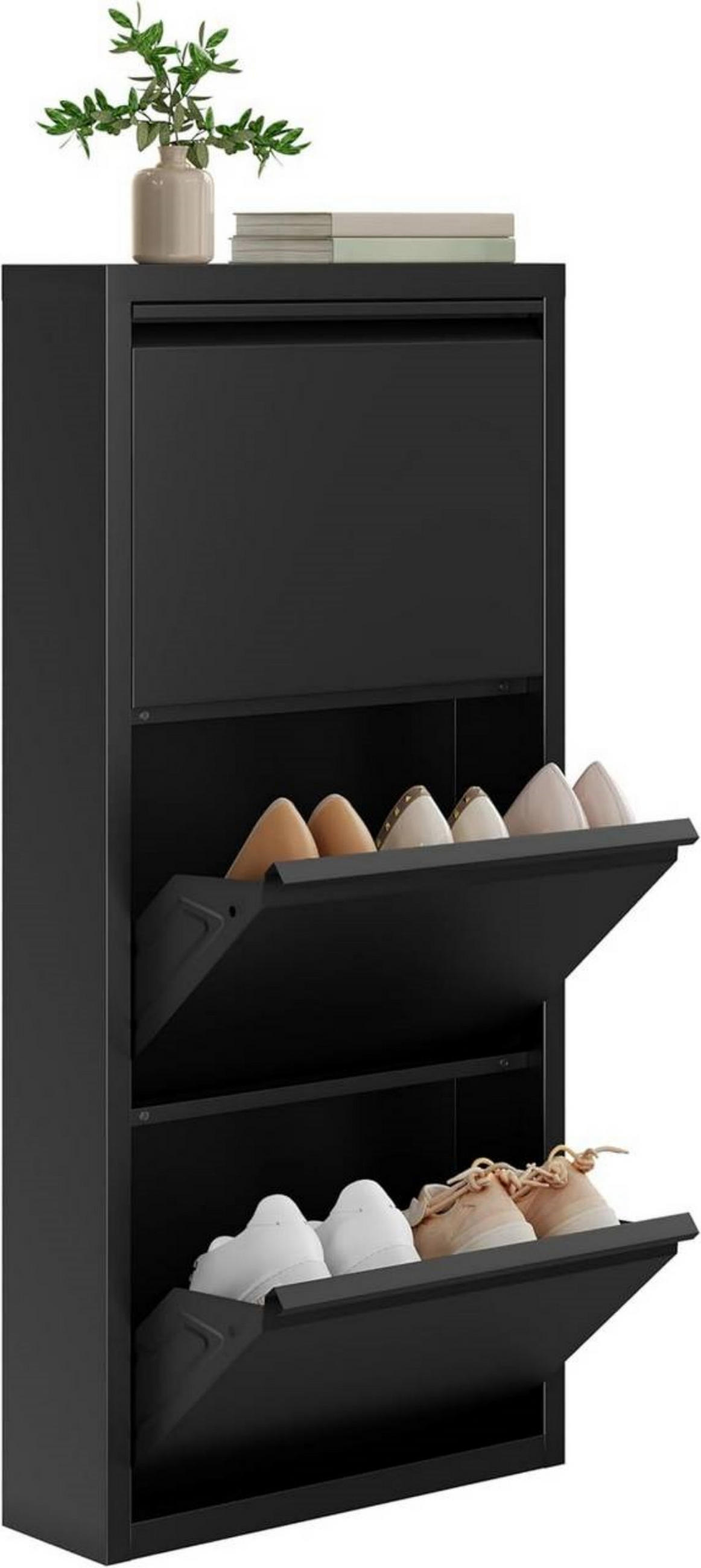 SCHUHSCHRANK mit 3 Klappen, 50x106x15cm, Schwarz - Schwarz, Metall (50/106/15cm) - Woltu