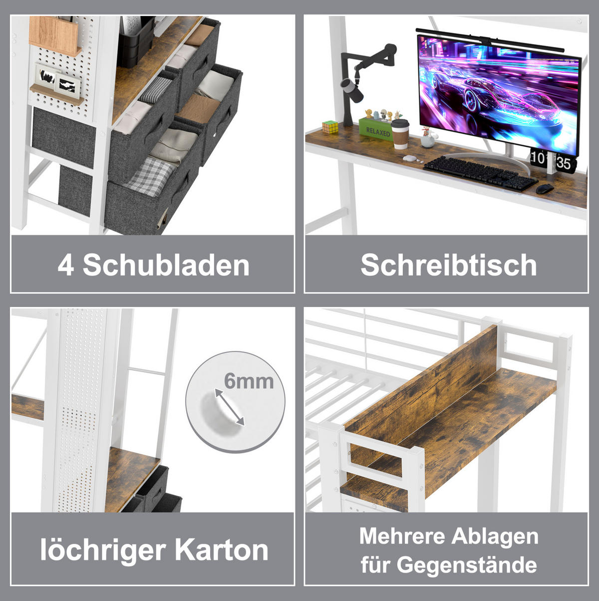 HOCHBETT 90/200 cm Eisenrahmen mit Schreibtisch und LED-Beleuchtung mit Matratze - Weiß, Metall (90/200cm) - OKWISH
