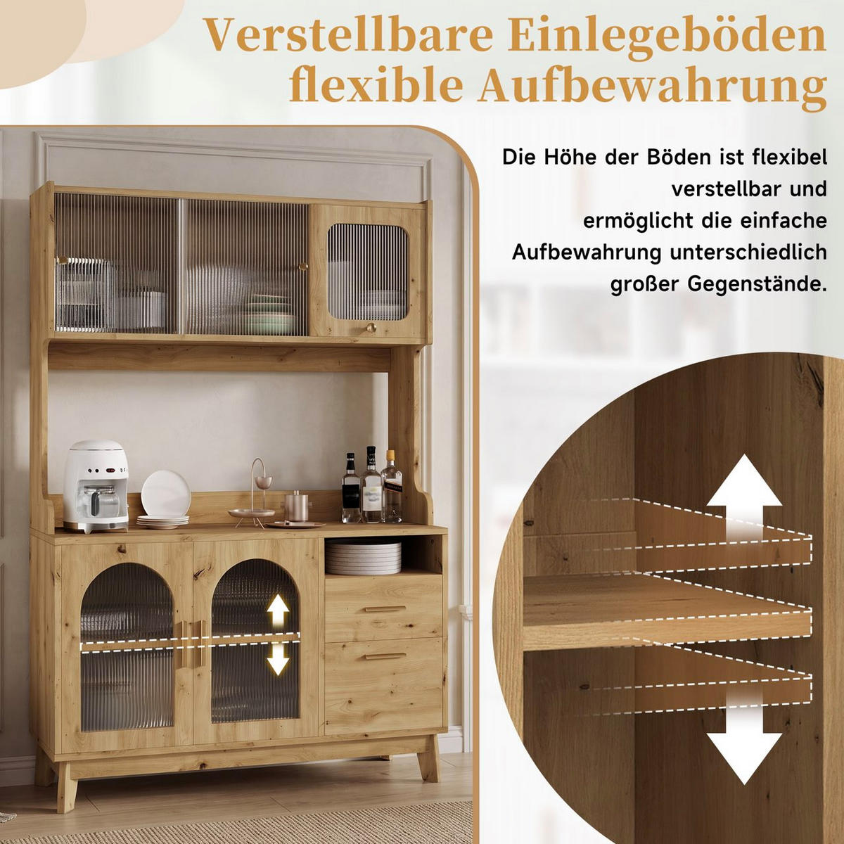 BUFFETSCHRANK 120x40x178 cm, 2 Steckdosen, USB-A/USB-C-Anschlüsse, Holzfarbe - Naturfarben, Holzwerkstoff (120/178/40cm) - FOHERE