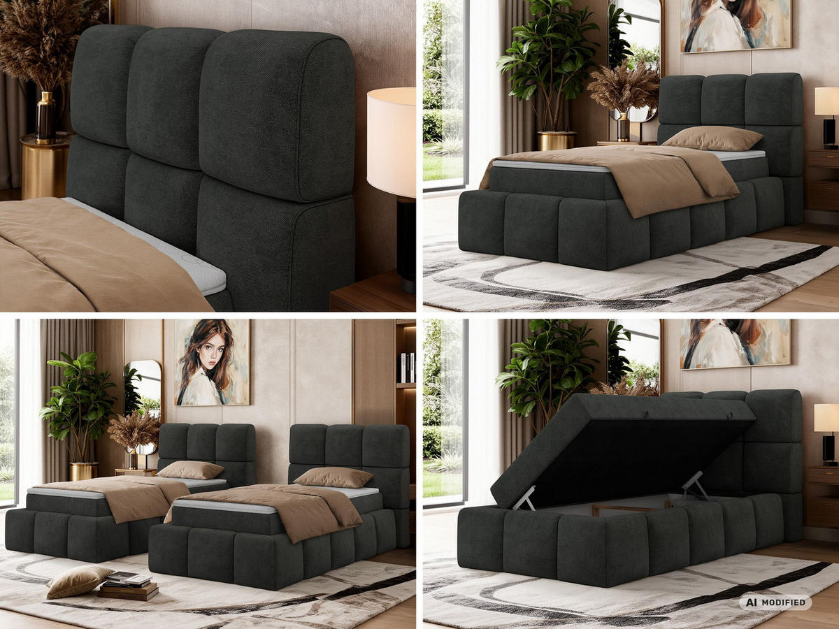 BOXBETT NIRA 90/200 - Dunkelgrau Stukture - Topper Visco - H3 - Dunkelgrau/Schwarz, Kunststoff/Textil (200/90cm) - MKS