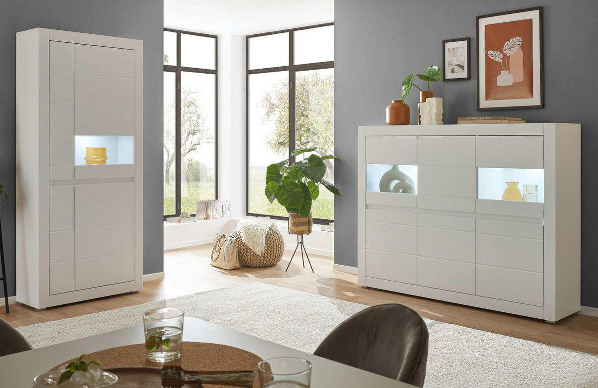 HIGHBOARD weiß matt, Evoke Eiche, Vitrine 165 x 132 cm, Soft-Close-Funktion - Eichefarben/Silberfarben, Holzwerkstoff/Kunststoff (165/132/42cm) - Furn.Design