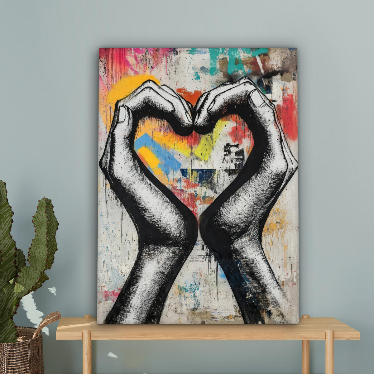 OBRAZ NA PLÁTNE Ruky - Srdce - Street art - Graffiti 60x80 cm - viacfarebná, textil (60/80cm) - MuchoWow
