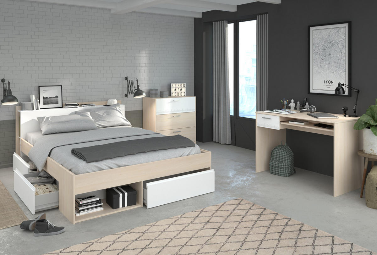 JUGENDZIMMER Set mit Stauraumbett 140 x 200 Schreibtisch Kommode - Silberfarben/Weiß, Holz/Holzwerkstoff (140/79/200cm) - Parisot Meuble