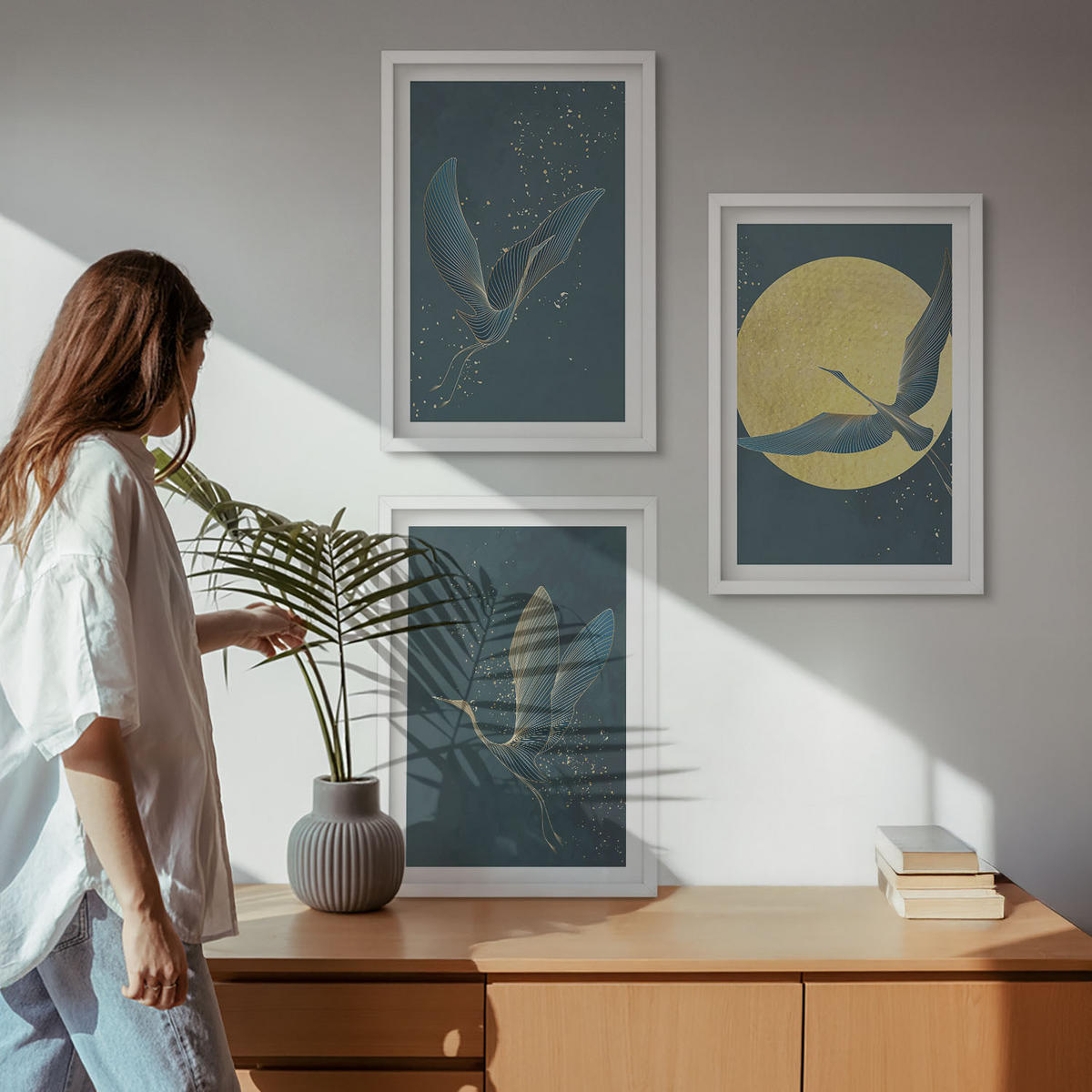 WANDBILDER 3er-Set - 40x60 cm Weißer Rahmen - Kraniche im Flug bei Nacht - Weiß, Kunststoff (40/60cm) - ArtPrintCave