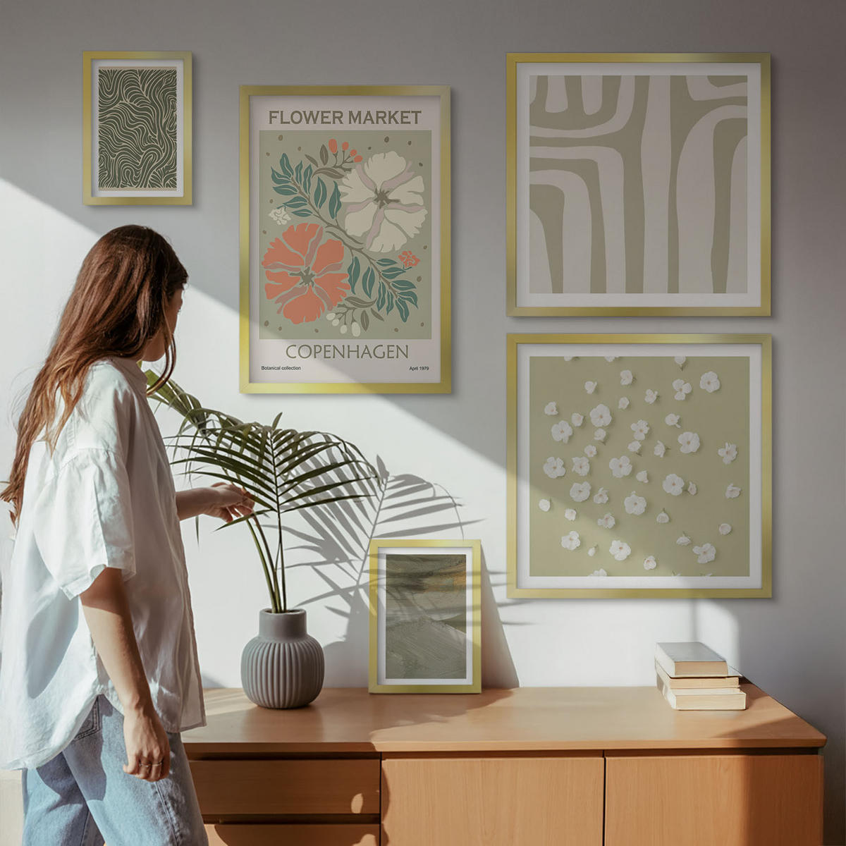 BILDER SET 5er Set - 50x50 cm & 20x30 cm & 40x60 cm Goldrahmen - Abstrakte Boho-Muster - Goldfarben, Kunststoff (40/60cm) - TULUP