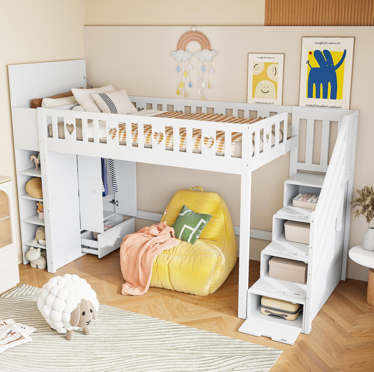VYSOKÁ postel 90/200 cm bílá s úložným žebříkem a policemi z borového dřeva a MDF - bílá, kompozitní dřevo (90/200cm) - OKWISH
