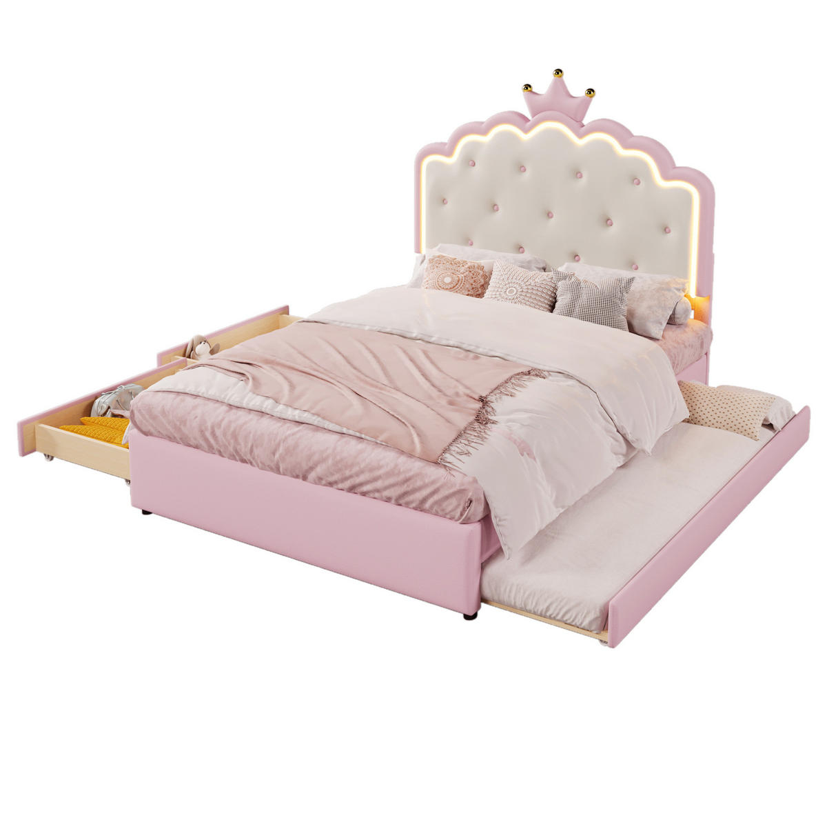 POLSTERBETT aus PU 140x200 cm Rosa mit LED-Beleuchtung, Ausziehbett, 2 Schubladen und Kronendesign - Rosa, Kunststoff (140/200cm) - Modfu
