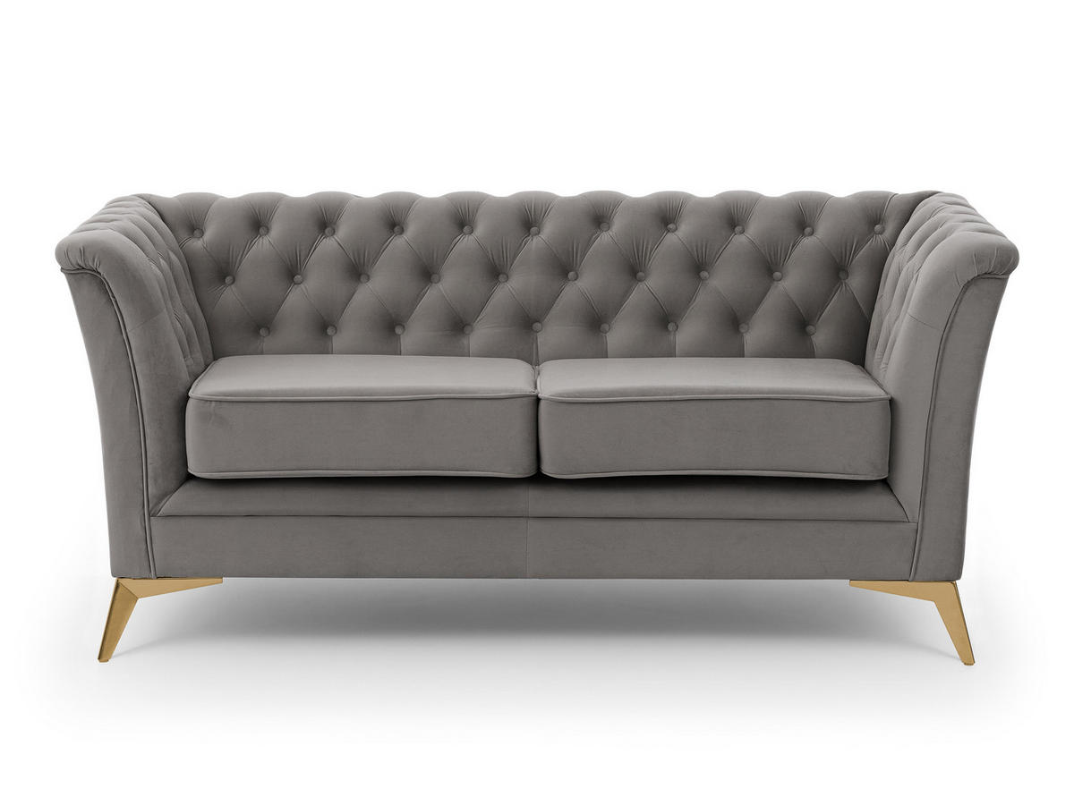 CHESTERFIELD-SOFA 2-sitzer Whitby Grau Samt mit goldenen Füßen - Goldfarben/Grau, Holz/Textil (175/78/82cm) - S-Style Möbel