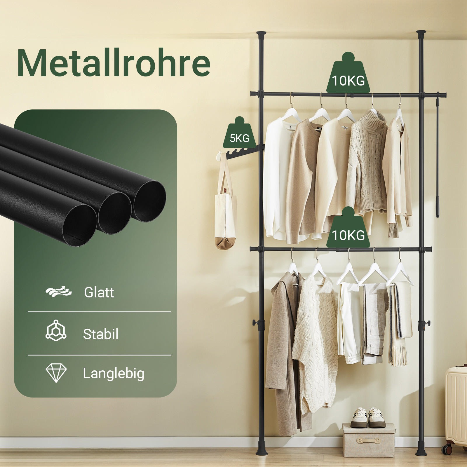 TELESKOP KLEIDERSTÄNDER Schwarz, B(75–126) × H(200–295) cm - Schwarz, Kunststoff (126/295/1cm) - SoBuy