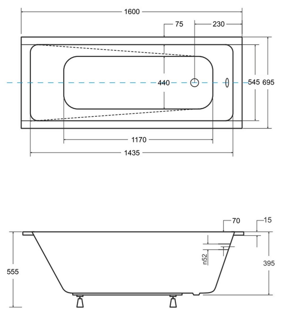 BADEWANNE Rechteck MODERN SLIM 160/70 mit Träger Ablauf Füße - Weiß, Kunststoff (70/53.5/160cm) - bad land