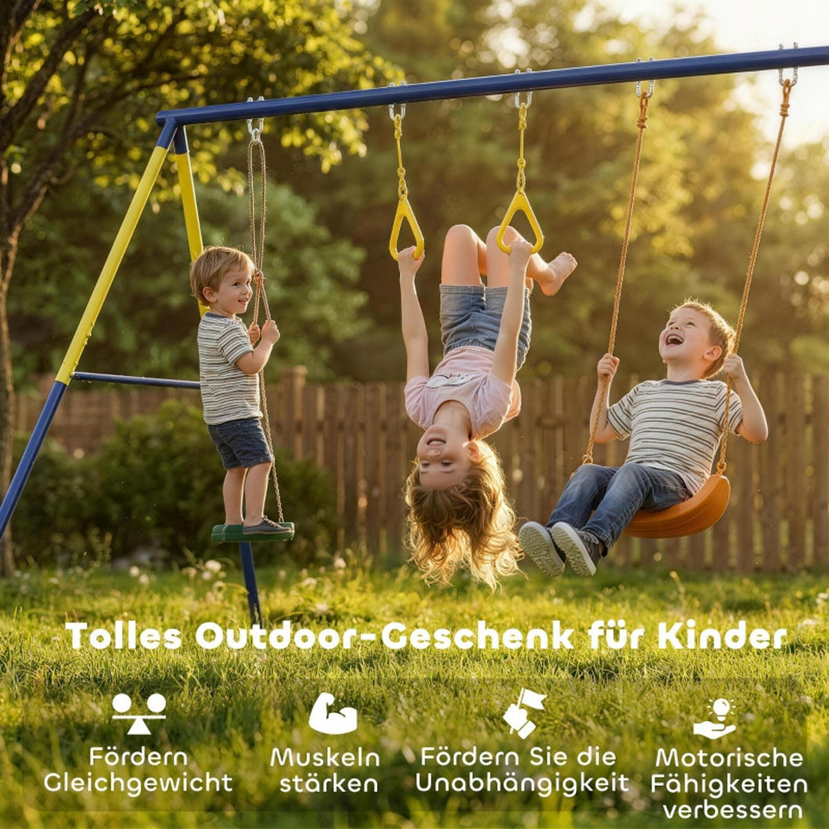 KINDERSCHAUKEL mit klassischer Schaukel 3-in-1, Turnringe, Stehschaukel, 285x160x181cm - Blau, Metall (160/285cm) - Hauptrolle