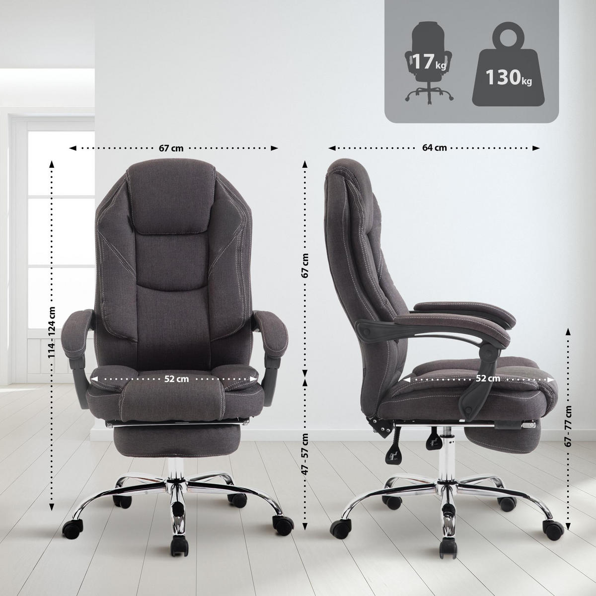CHEFSESSEL Stoff Dunkelgrau - Chromfarben/Dunkelgrau, Textil/Metall (67/114/64cm) - CLP
