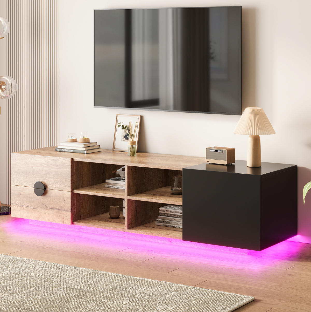 FERNSEHSCHRANK aus Holzwerkstoff 180x38,5x47 cm Schwarz/Naturholz mit LED-Beleuchtung, Schublade und offenen Fächern - Schwarz, Holzwerkstoff (180/47/38.5cm) - Modfu