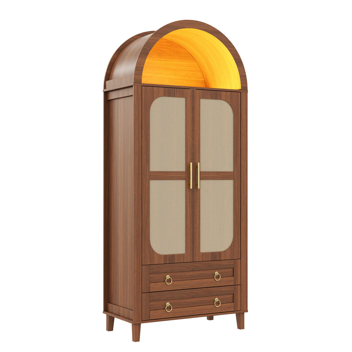 KLEIDERSCHRANK Nussbaum Bogenförmig mit Rattan, 2 Türen, LED & 2 Schubladen - Walnussfarben, Holzwerkstoff (76/184/50cm) - Urban Meuble