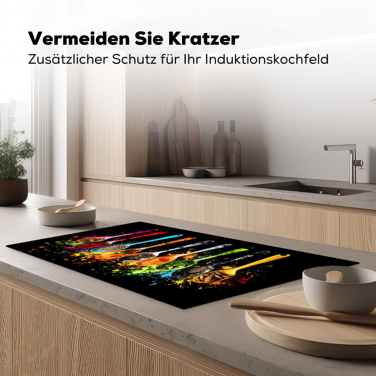 HERDABDECKPLATTE Löffel - Gewürze - Modern - Graffiti - Farbe - Farbenfroh Induktionsschutz 91.6x52.7 cm - Multicolor, Kunststoff (91.6/52.7/0.2cm) - MuchoWow