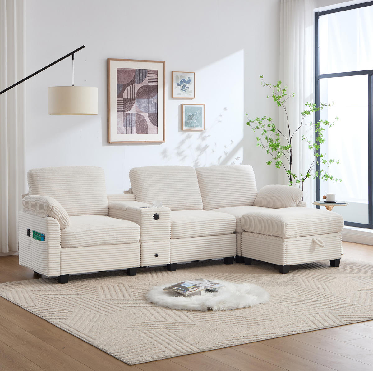 ECKSOFA Cord mit Memory Foam USB-Anschluss und Stauraum 266/136/82 cm Beige - Beige, Textil (136/82/266cm) - Redom