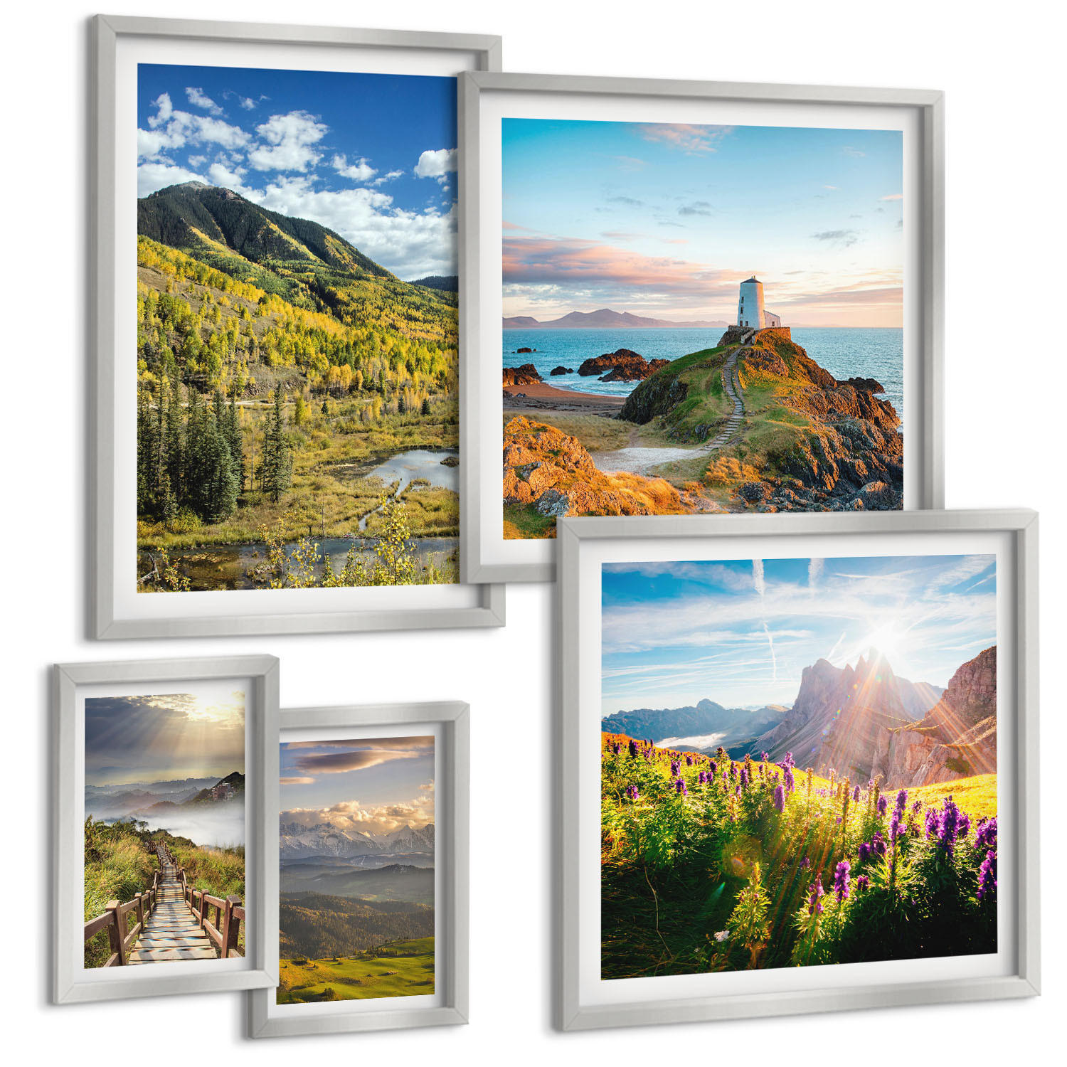 BILDER SET 5er Set - 50x50 cm & 20x30 cm & 40x60 cm Silberner Rahmen - Berglandschaften Wasserfall - Silberfarben, Kunststoff (40/60cm) - TULUP