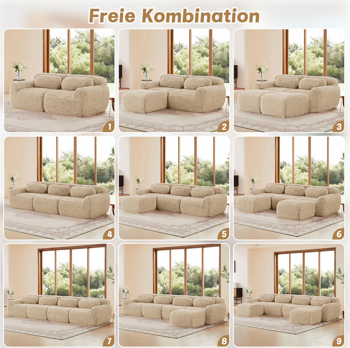2-SITZER Sofa rahmenlos mit modularem Design, Kissen und rutschfester Basis, Hellkhaki - Beige, Textil (204/73/104cm) - Redom