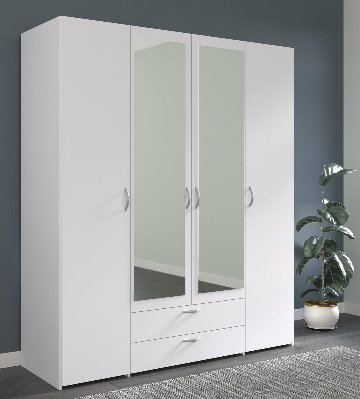 KLEIDERSCHRANK 4-trg. mit Spiegel Parisot Daily 3 Holzdekor Weiß - Weiß, Kunststoff (160/185/51cm) - 58aufmkessel
