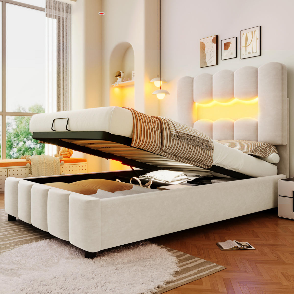 POLSTERBETT 90/200 cm in Beige mit Stauraum und LED-Beleuchtung - Beige, Textil (90/200cm) - Flora Grace