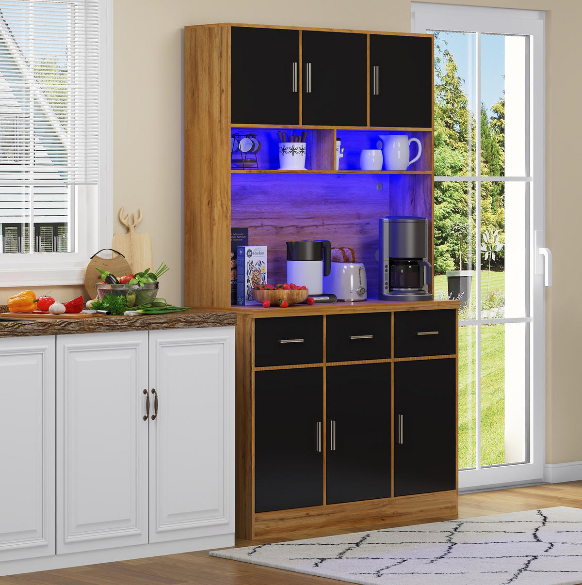BUFFET 100/40/180 cm in Natur/Schwarz mit LED-Beleuchtung und Steckdosenleiste - Naturfarben, Holzwerkstoff (40/180/100cm) - Flora Grace
