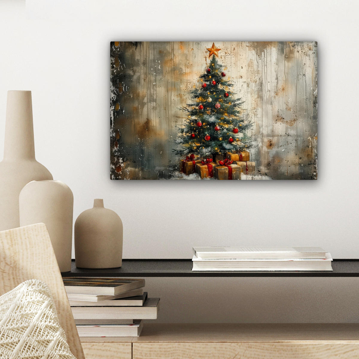 LEINWANDBILD Weihnachtsbaum - Vintage - Weihnachten - Geschenk Deko Schlafzimmer 30x20 cm - Rostfarben, Textil (30/20cm) - MuchoWow