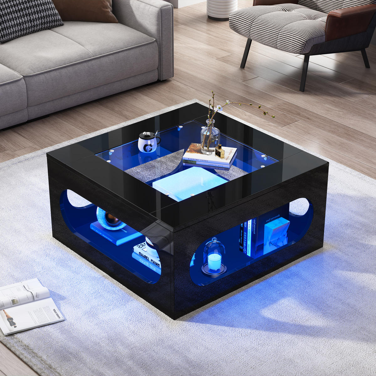 COUCHTISCH LED Schwarz 70x70x35cm Glas Hochglanz MDF Stauraum - Schwarz, Holzwerkstoff (70/70/35cm) - FLIEKS